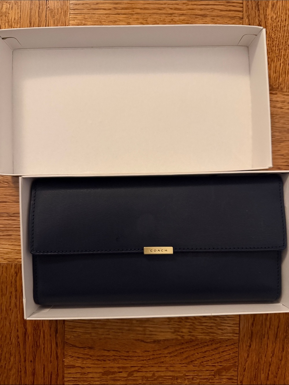 Coach Navy Leather Continental Wallet with Gold Plaque in original box
